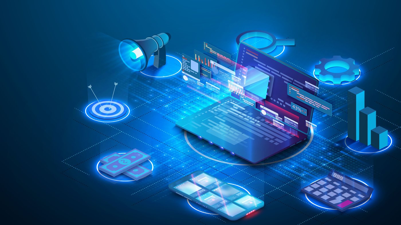 Isometric illustration of a laptop surrounded by connected digital marketing icons, representing a small business's digital foundation.