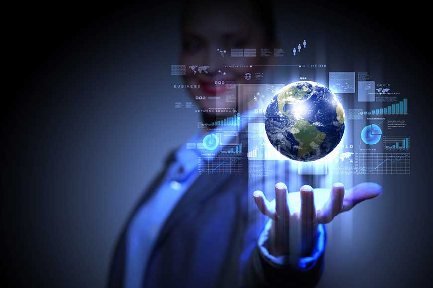 A hand holding a glowing globe overlaid with search and data graphics, representing local SEO reaching nearby customers.