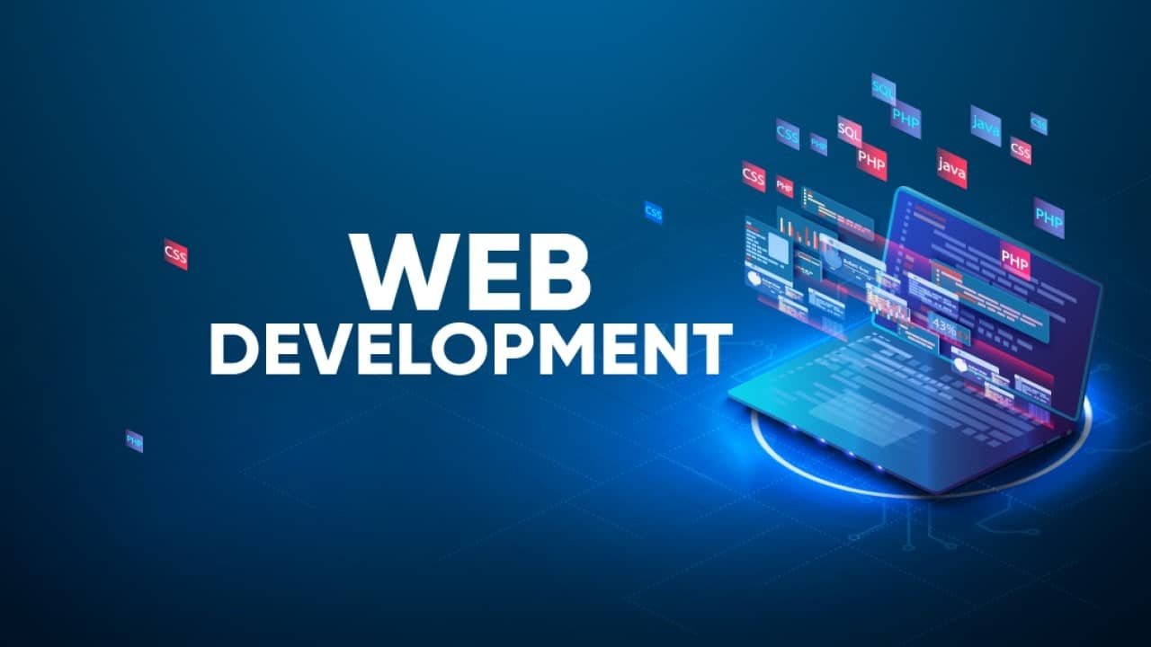 Web development graphic with an isometric laptop and floating browser windows, representing a website built as a sales system.