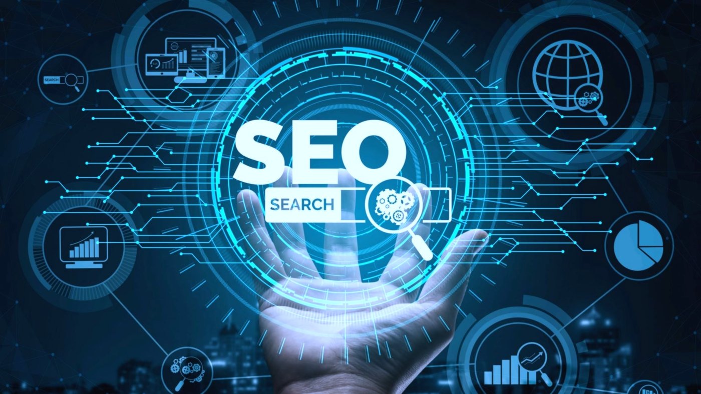A hand beneath a glowing SEO search hub connected to ranking and analytics icons, representing search engine optimization.