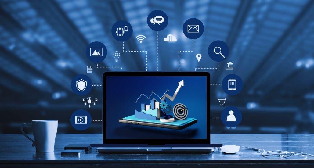 A laptop showing a growth chart surrounded by security, location, and review icons, representing a trustworthy online business.