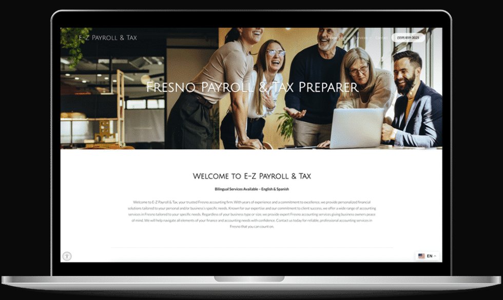 Laptop showing a website design example for a CPA and tax firm — the E-Z Payroll & Tax site serving Fresno, California.