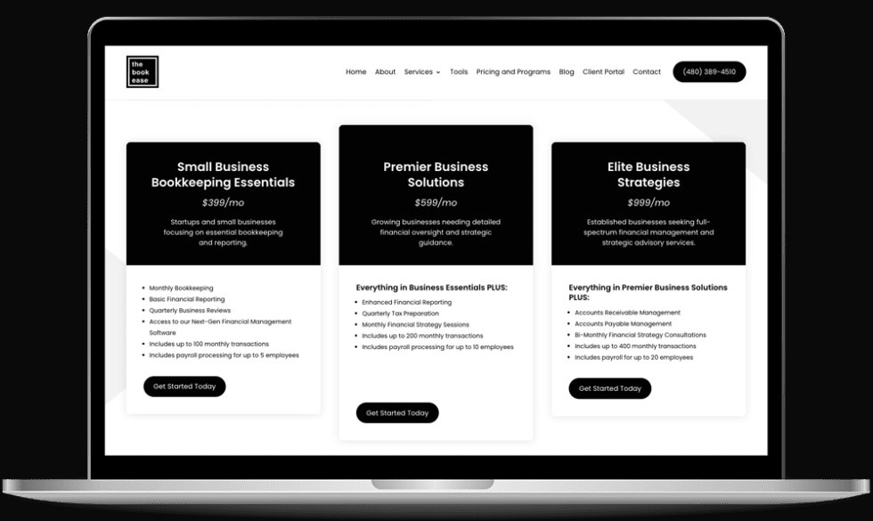Laptop showing a website design example for a local financial services and bookkeeping firm.