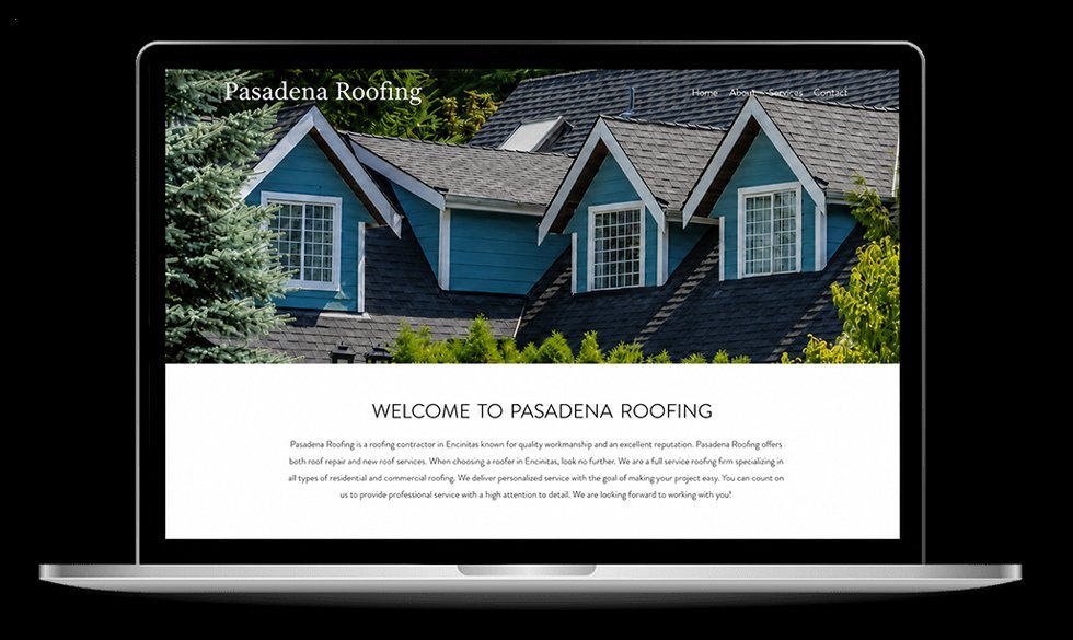 Laptop showing a website design example for a roofing company — the Pasadena Roofing site in Pasadena, California.