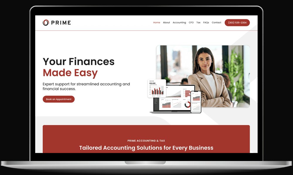 Tablet showing a website design example for a local small business — the Prime Accounting & Tax site.