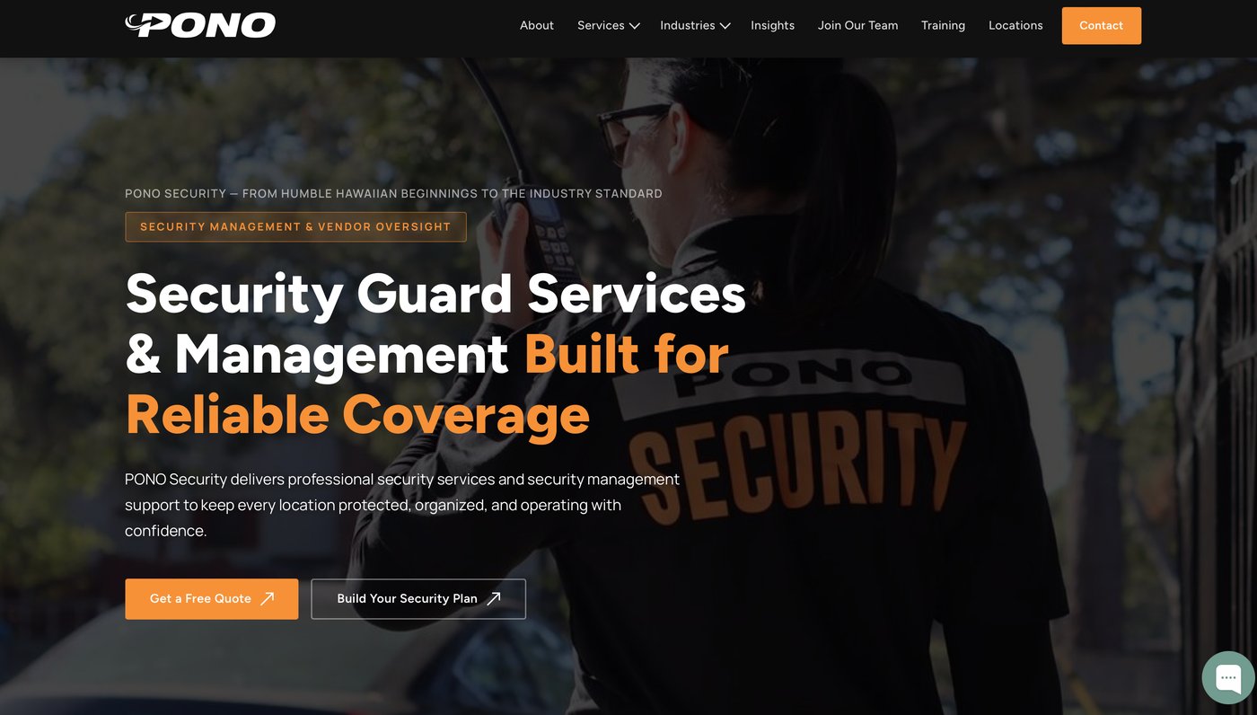 PONO Security website with bold typography and an orange-on-dark color scheme highlighting professional security services.
